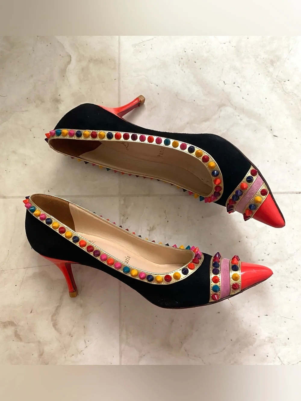 $1,095 Christian Louboutin Black Suede Leather Malabar Hill Spiked Pumps Heels 7
